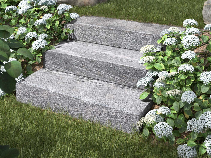 Blocs marches en gneiss Urban Grey Line avec fleurs et gazon