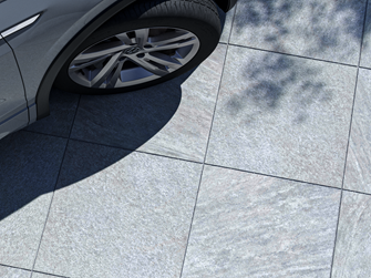 Dallage en grès cérame imitation pierre Classic Grey et voiture
