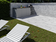 Terrasse avec dalles imitation bois Grey Oak 3 cm, gazon, chaises longues et cuisine extérieure