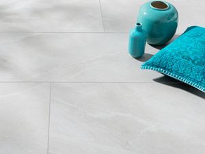  Une surface effet ardoise dans les tons gris clair, décorée de vases et coussins