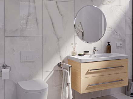 Carrelage mural imitation marbre dans la salle de bain avec vue sur lavabo et wc