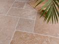 Le carrelage en travertin Medium en format opus romain et un palmier