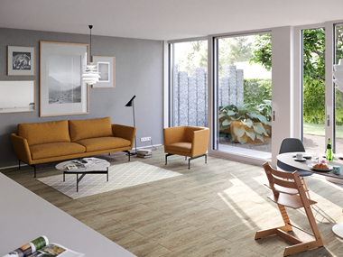 Le carrelage imitation parquet Country Oak posé dans un salon