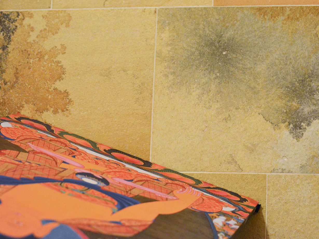 Sol avec dalles Solnhofen et image colorée dans le coin inférieur droit