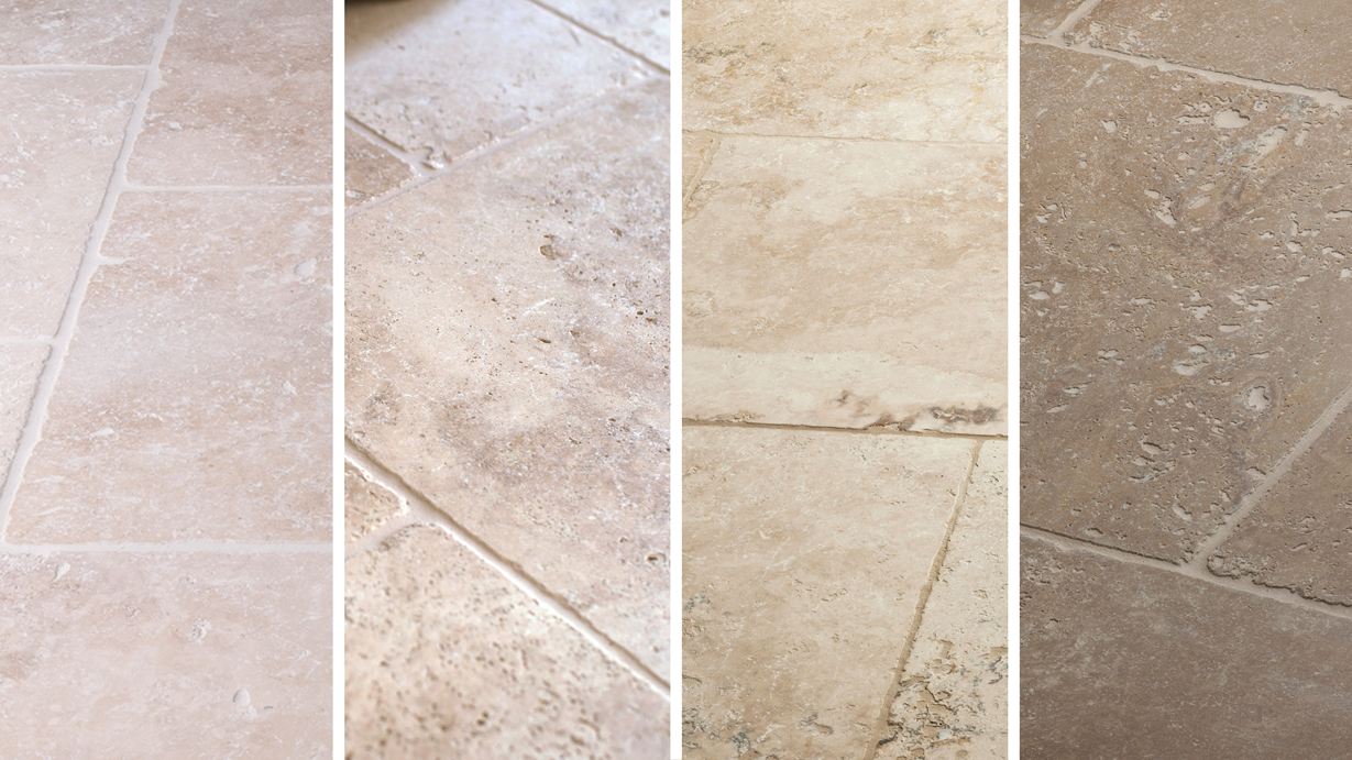 So viele Gesichter kann getrommelter Travertin haben: Travertin Light, Medium, Rustic und Noce im Vergleich (v.l. n.r.)